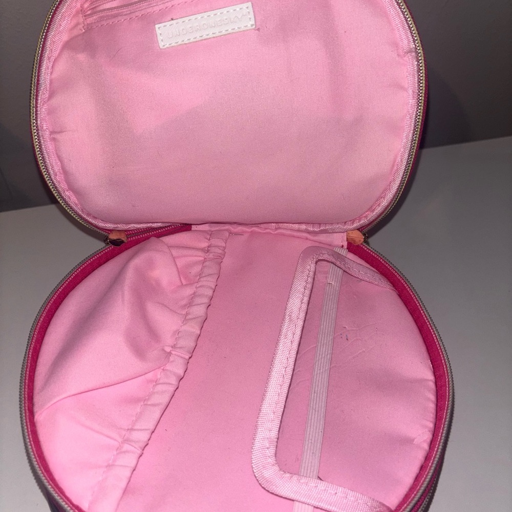 Under One Sky Pink Tie Dye Round Double Layer Cosmetic Case Makeup Train Bag - Picture 6 of 10